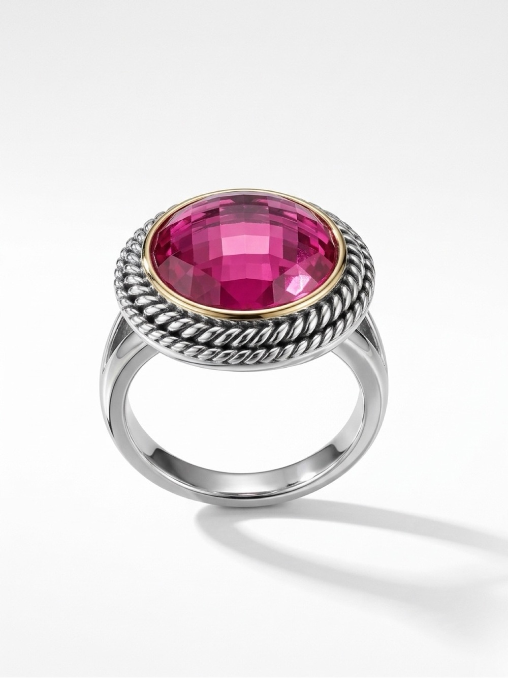Women’s Silver Ring with Hot Pink Gemstone Center Round Bezel Size 7 #costume
